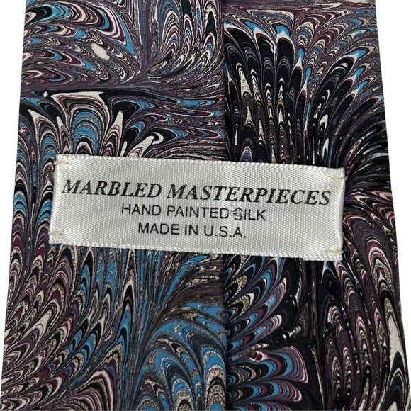 Marbled Masterpieces Men's Blue Marbled Hand Painted Silk Necktie Tie - Picture 5 of 8